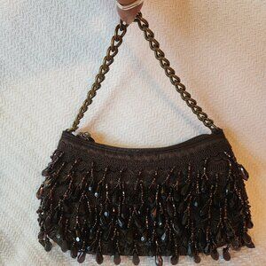 Banana Republic Brown Ornate Chandelier Beaded Clutch Purse Brass Tone Chain